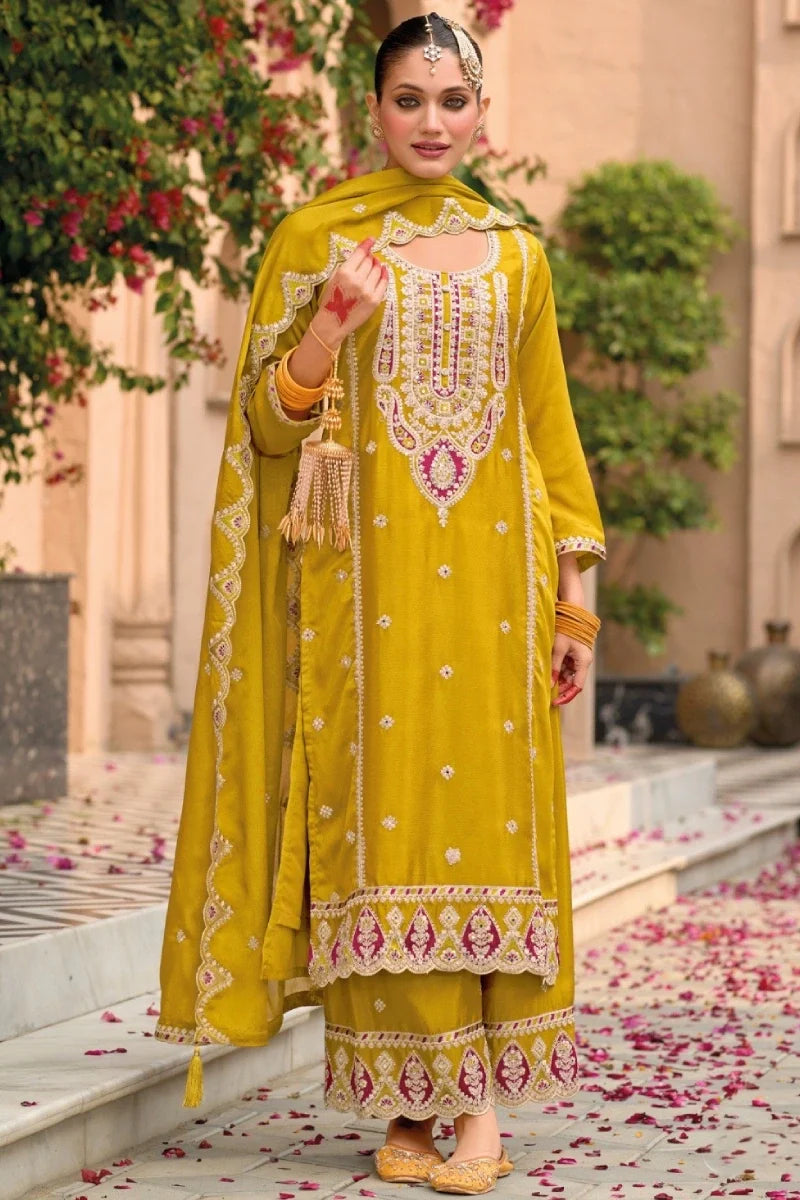 Yellow Chinon Embroidered Palazzo Suit