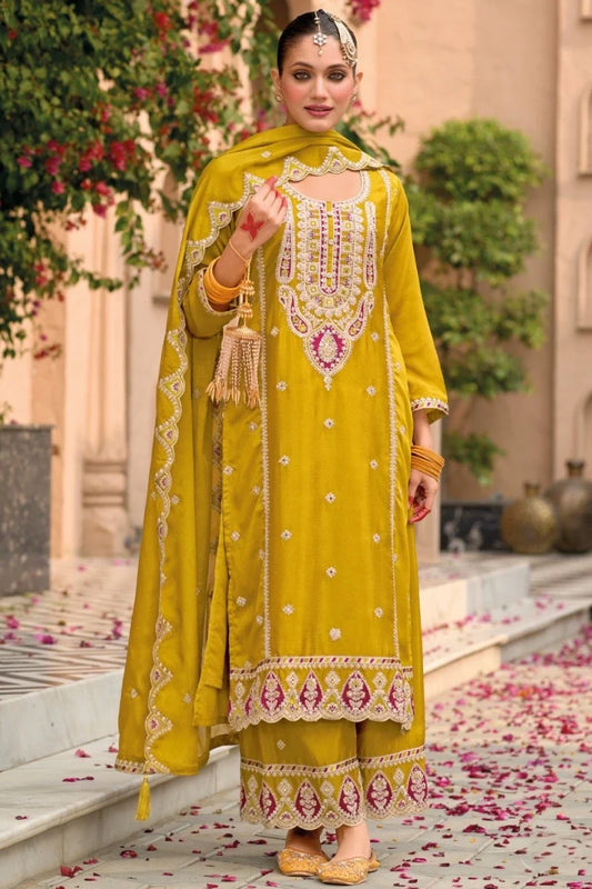 Yellow Chinon Embroidered Palazzo Suit