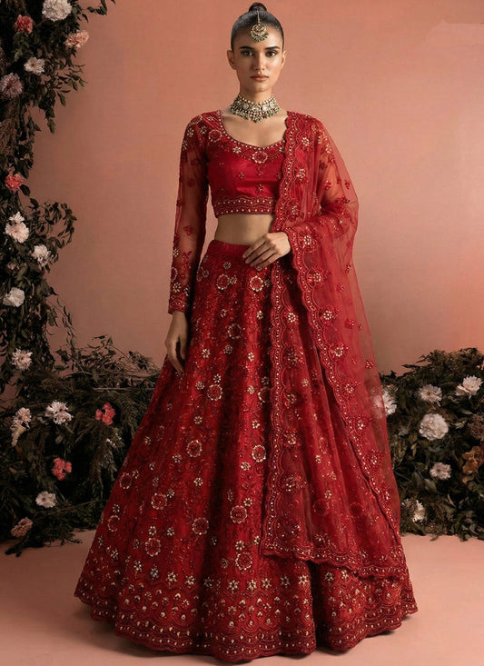 Red Net Embroidered Wedding Lehenga