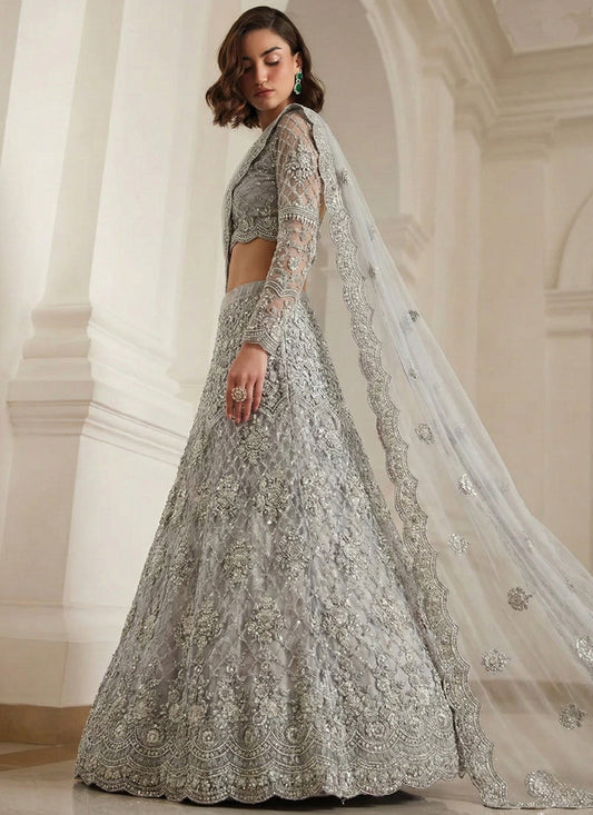 Grey Net Thread Work Wedding Lehenga