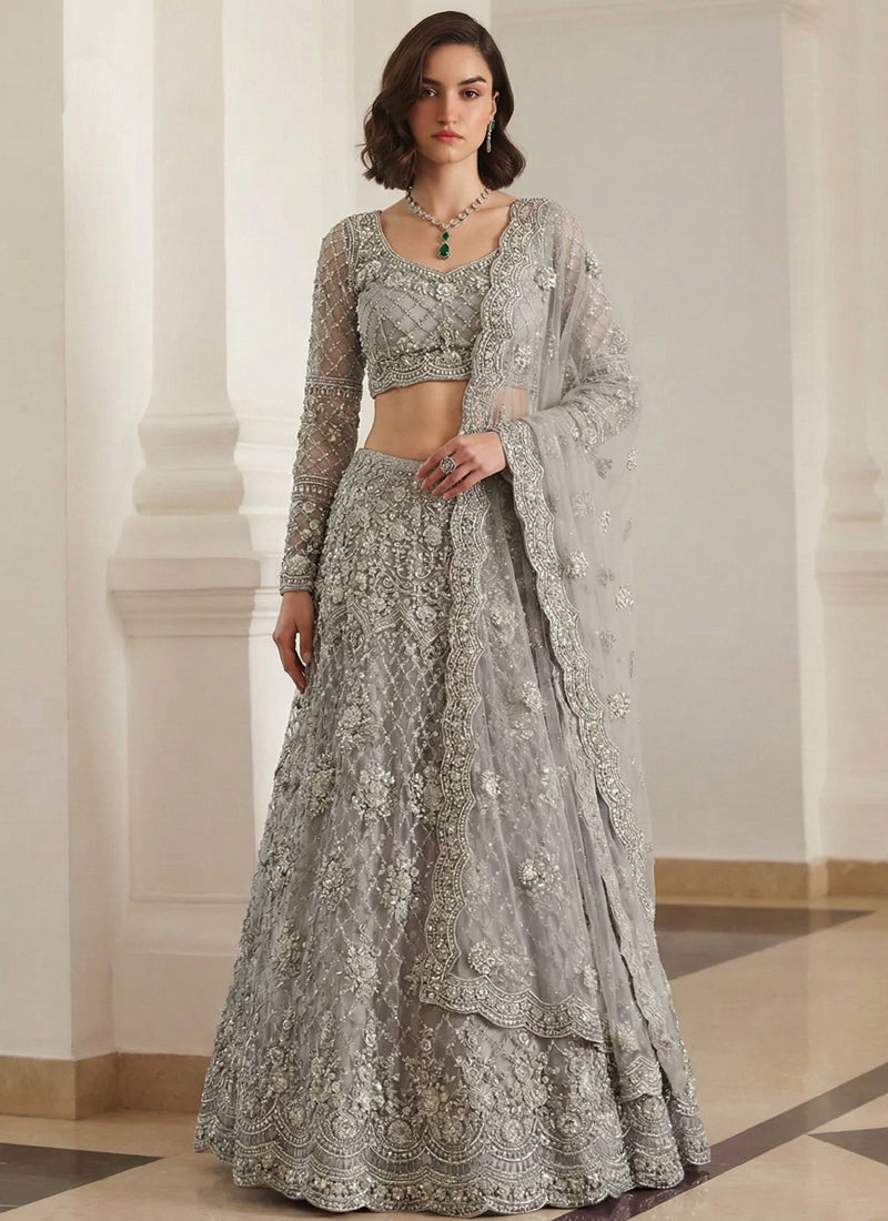 Grey Net Thread Work Wedding Lehenga