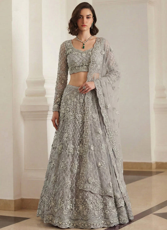 Grey Net Thread Work Wedding Lehenga