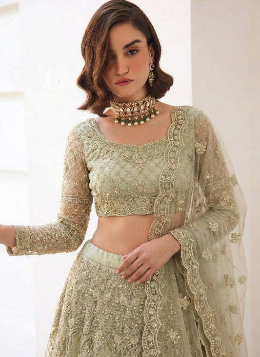 Light Green Net Thread Work Wedding Lehenga