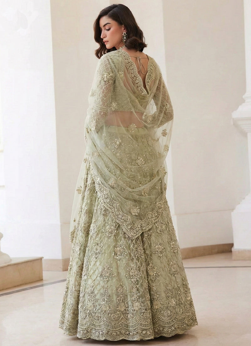 Light Green Net Thread Work Wedding Lehenga