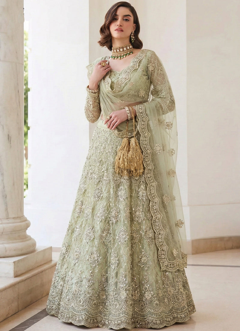 Light Green Net Thread Work Wedding Lehenga