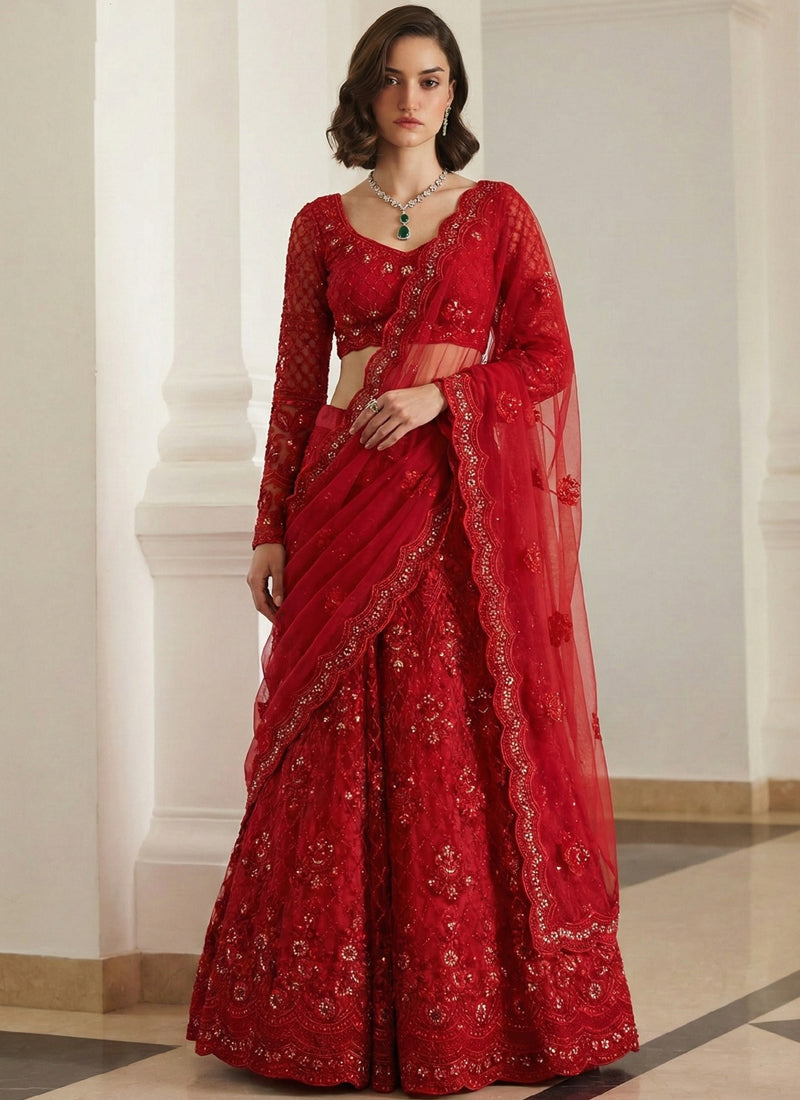 Red Net Thread Work Wedding Lehenga