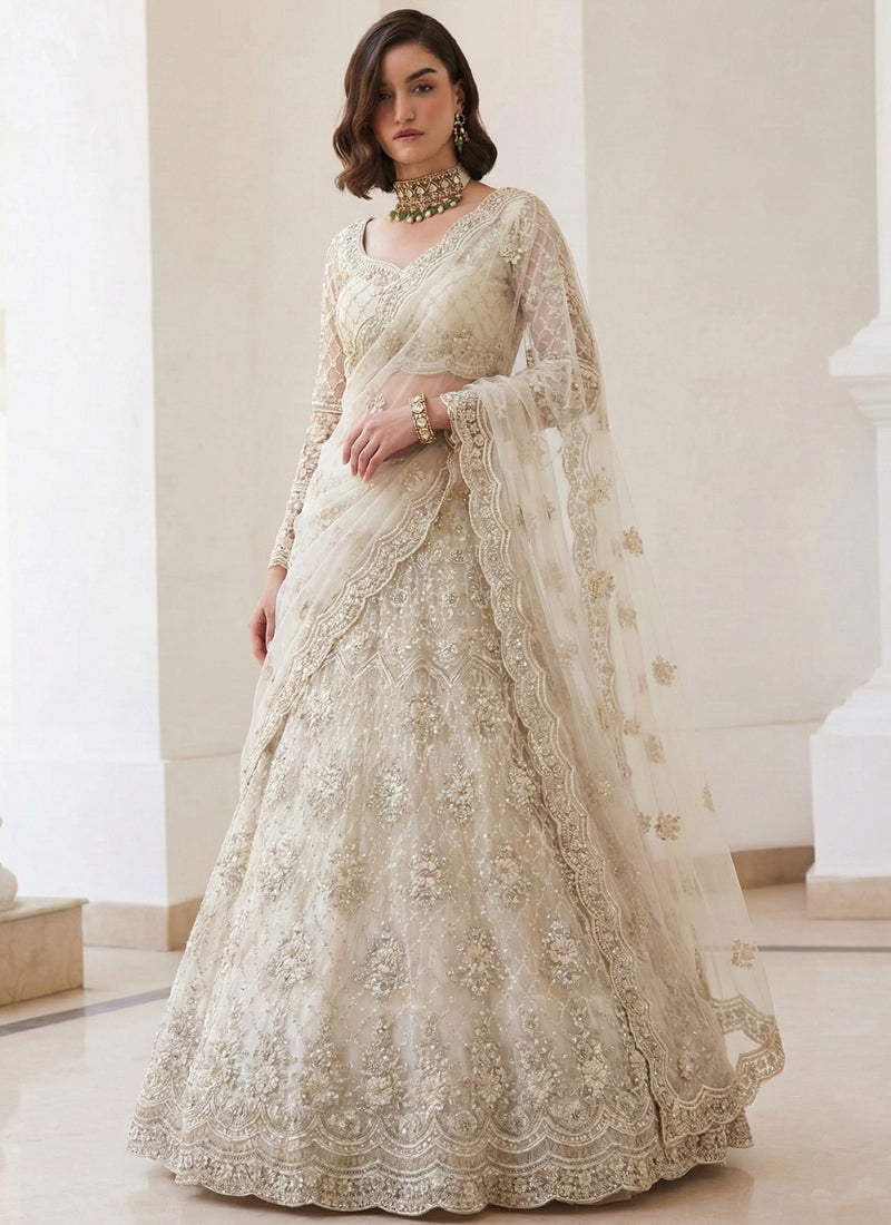 Off White Net Thread Work Wedding Lehenga