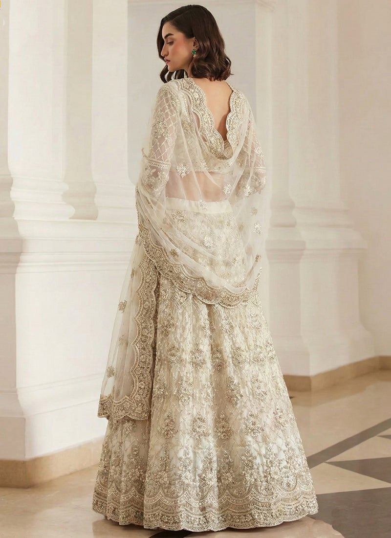 Off White Net Thread Work Wedding Lehenga
