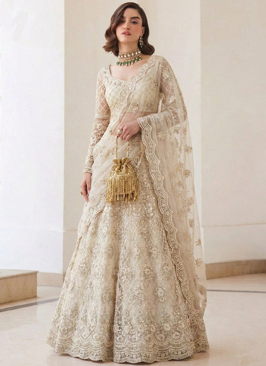 Off White Net Thread Work Wedding Lehenga