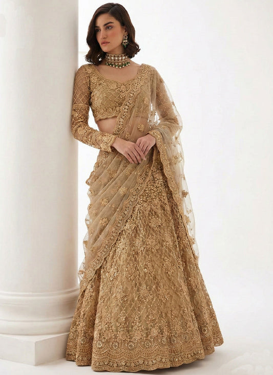 Beige Net Thread Work Wedding Lehenga