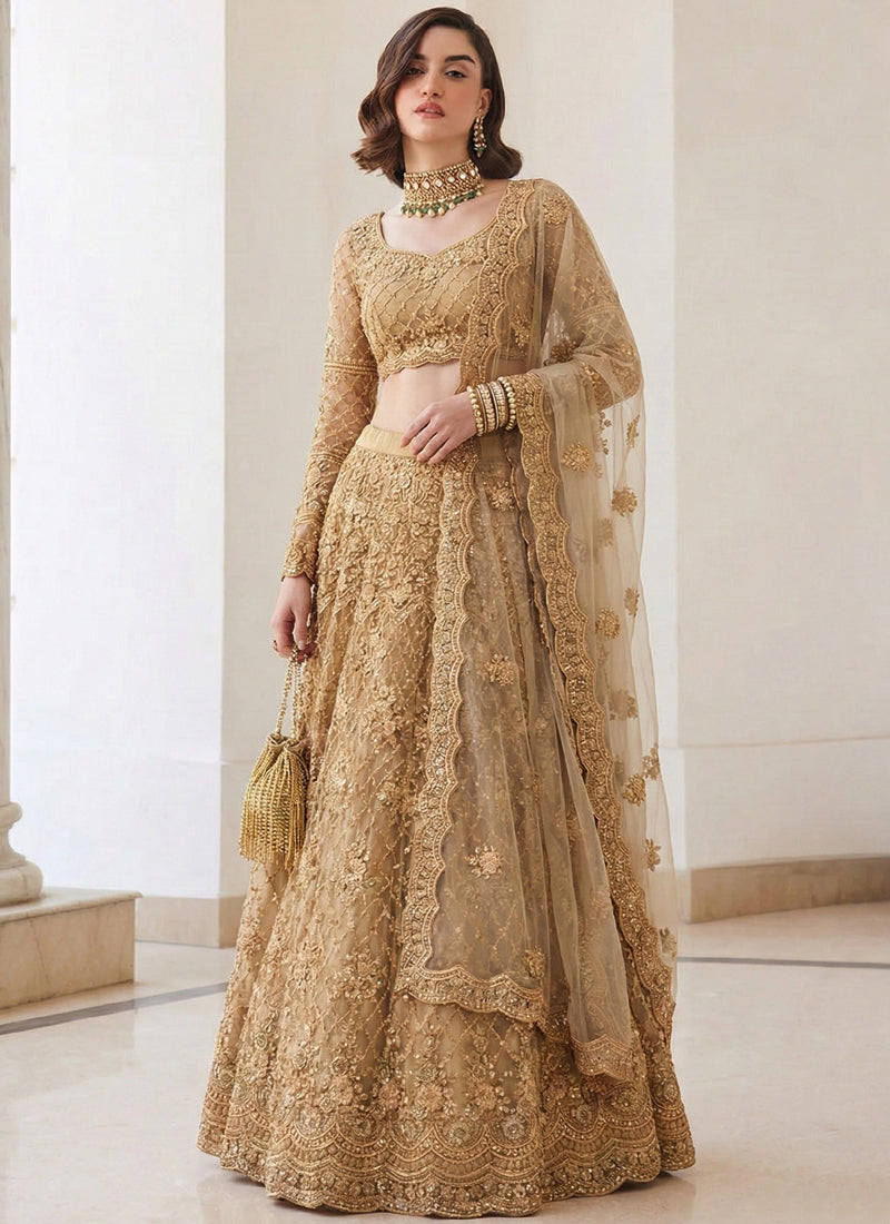 Beige Net Thread Work Wedding Lehenga