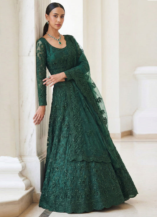 Green Net Thread Work Wedding Lehenga