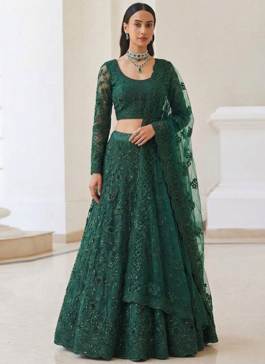 Green Net Thread Work Wedding Lehenga