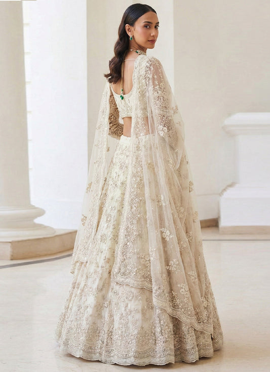 Off White Net Embroidered Wedding Lehenga