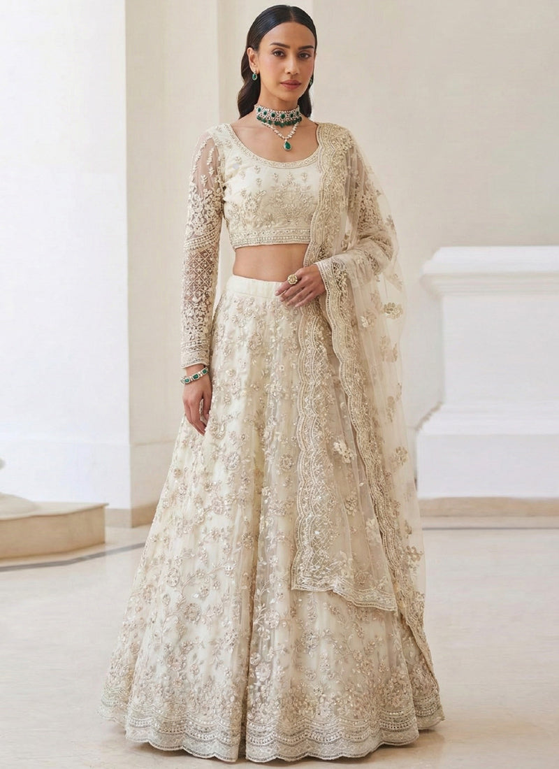 Off White Net Embroidered Wedding Lehenga