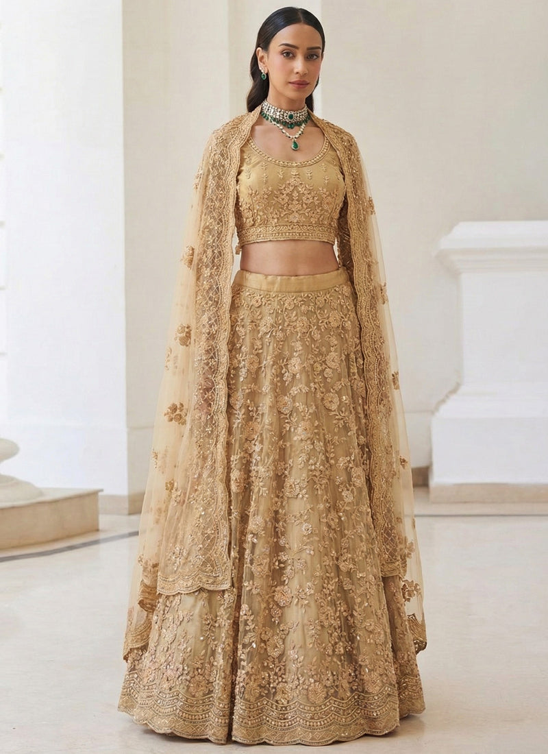 Beige Net Embroidered Wedding Lehenga