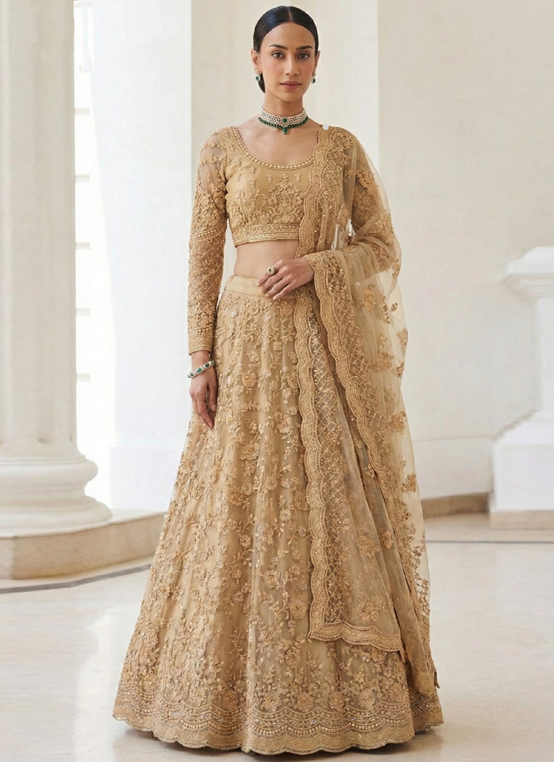Beige Net Embroidered Wedding Lehenga