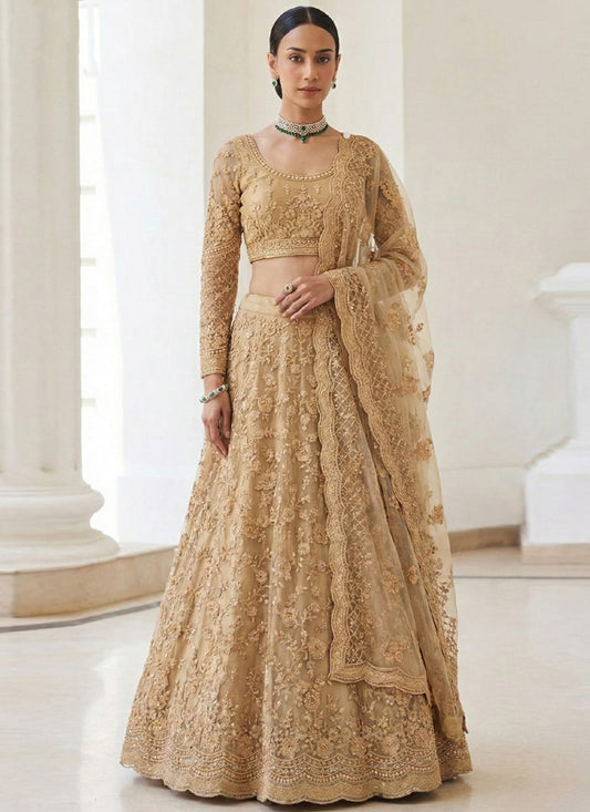 Beige Net Embroidered Wedding Lehenga
