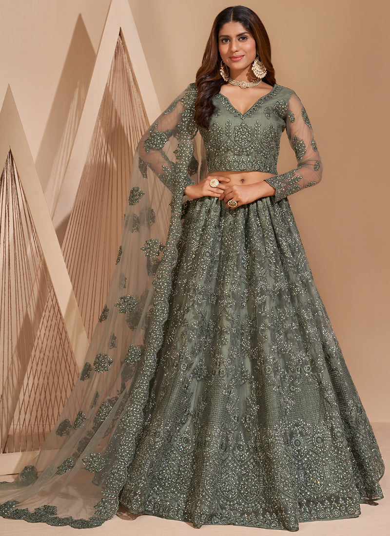 Lime Green Net Embroidery Designer Lehenga Choli