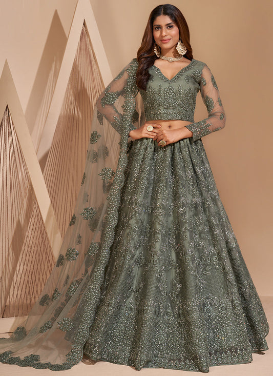 Lime Green Net Embroidery Designer Lehenga Choli