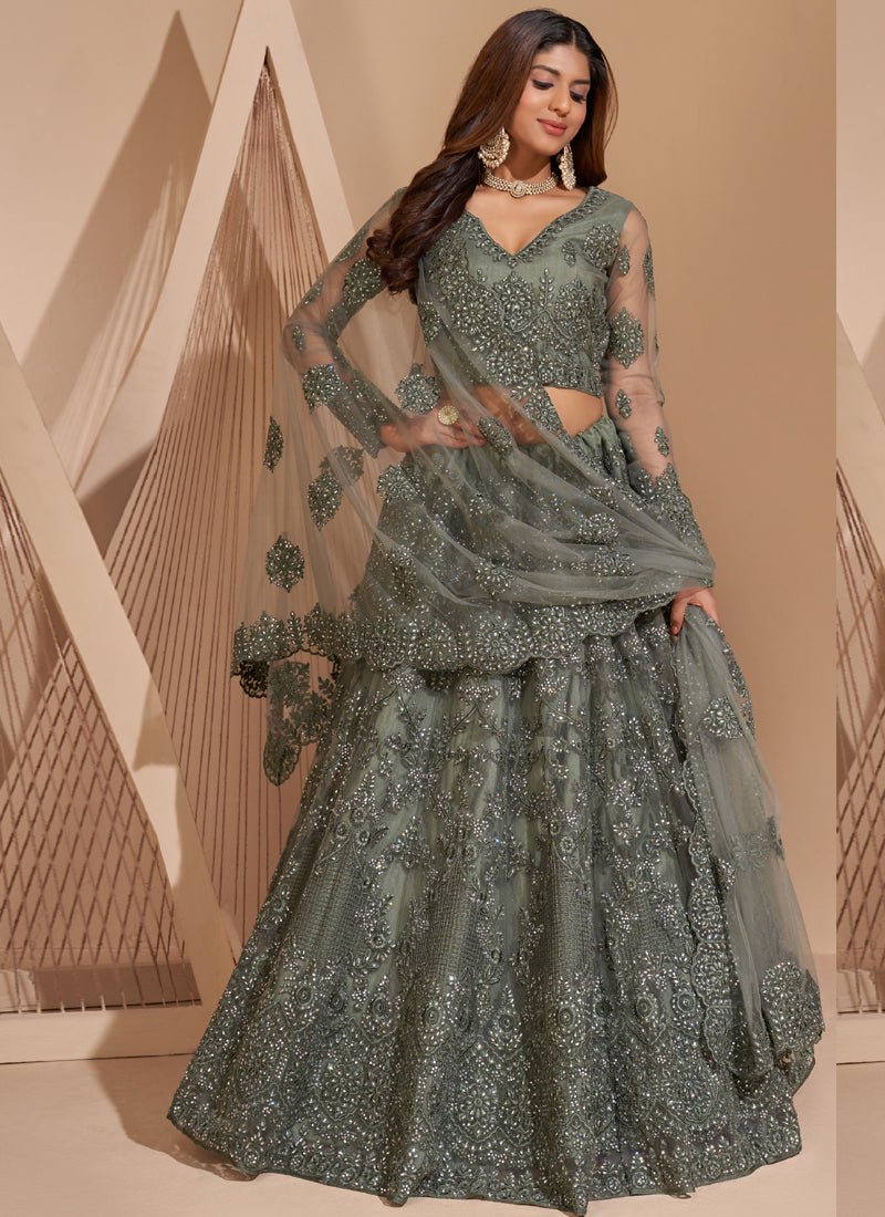Lime Green Net Embroidery Designer Lehenga Choli