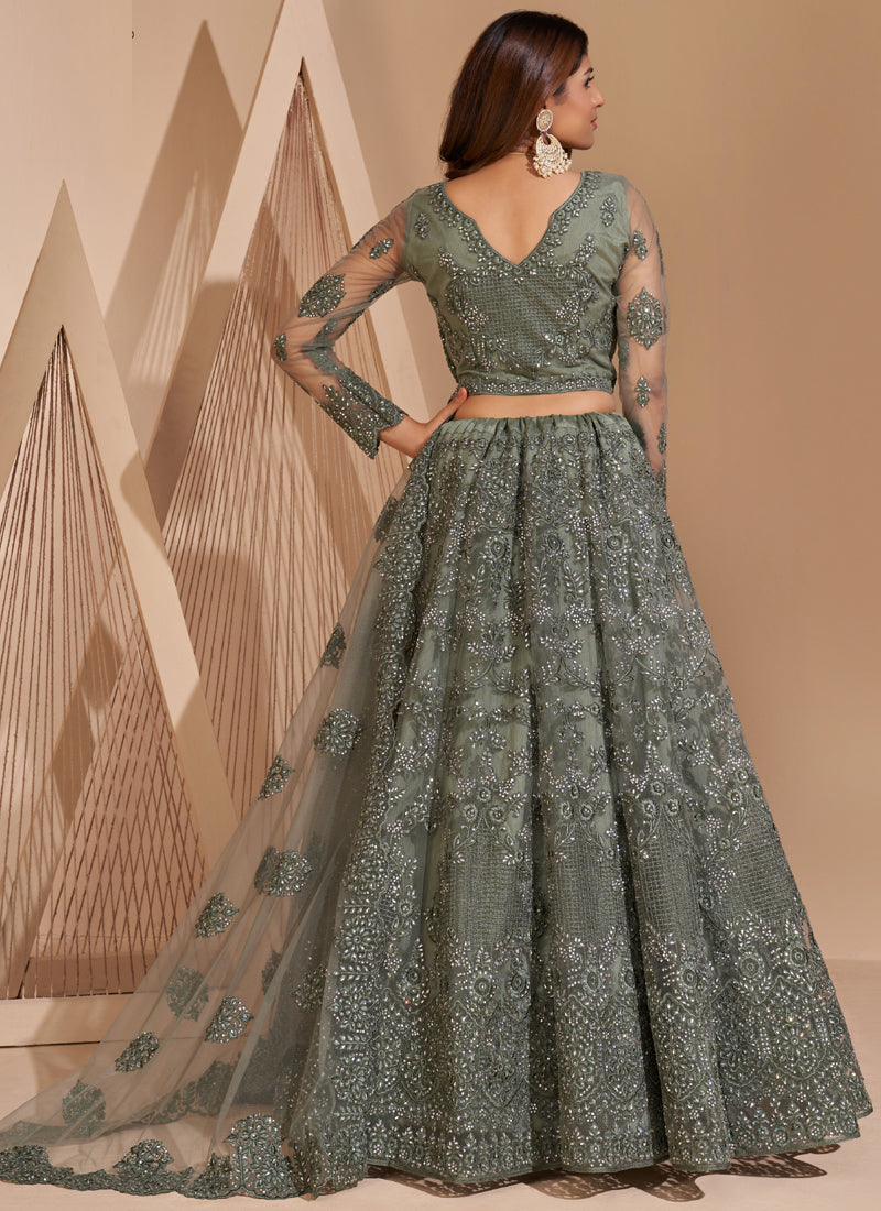 Lime Green Net Embroidery Designer Lehenga Choli