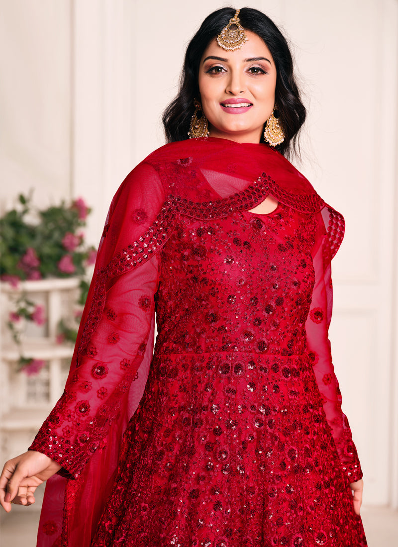 Red Net Emboidered Wedding Wear Anarkali Suit
