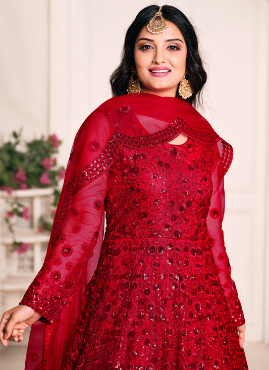 Red Net Emboidered Wedding Wear Anarkali Suit
