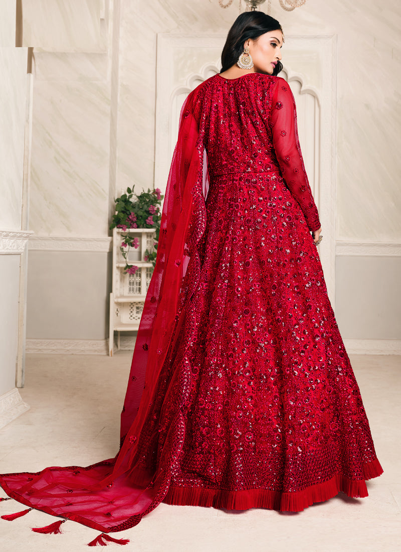 Red Net Emboidered Wedding Wear Anarkali Suit