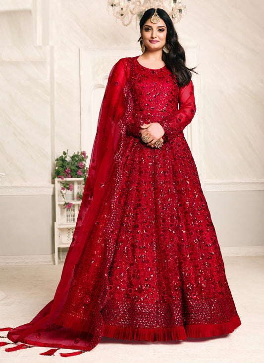 Red Net Emboidered Wedding Wear Anarkali Suit