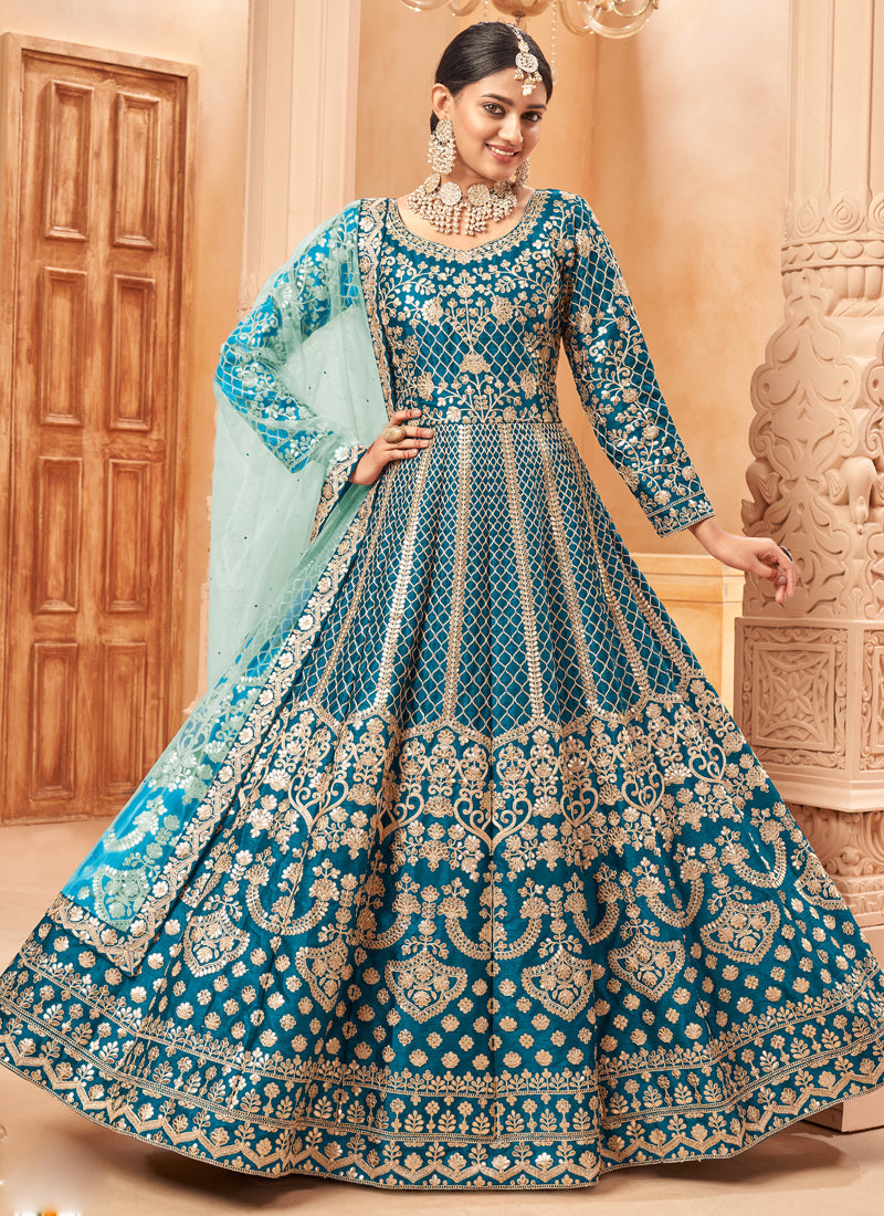 Designer Turquoise Art Silk Embroidery Anarkali Suit
