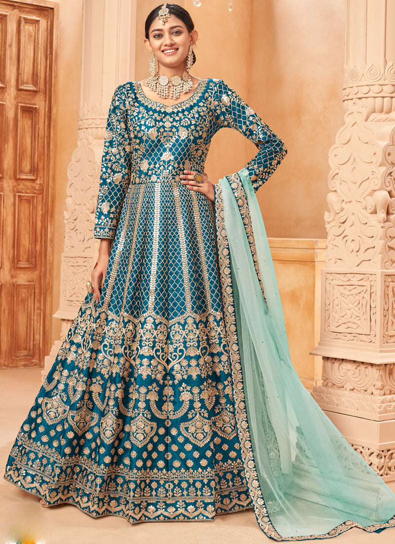 Designer Turquoise Art Silk Embroidery Anarkali Suit