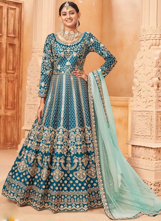 Designer Turquoise Art Silk Embroidery Anarkali Suit
