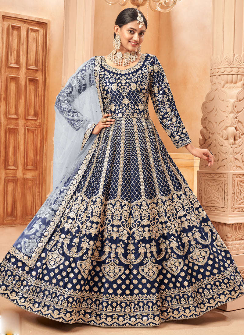Designer Navy Blue Art Silk Embroidery Anarkali Suit