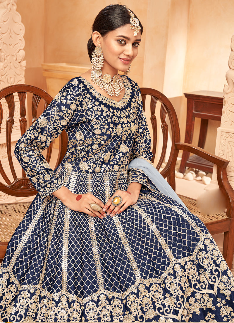 Designer Navy Blue Art Silk Embroidery Anarkali Suit