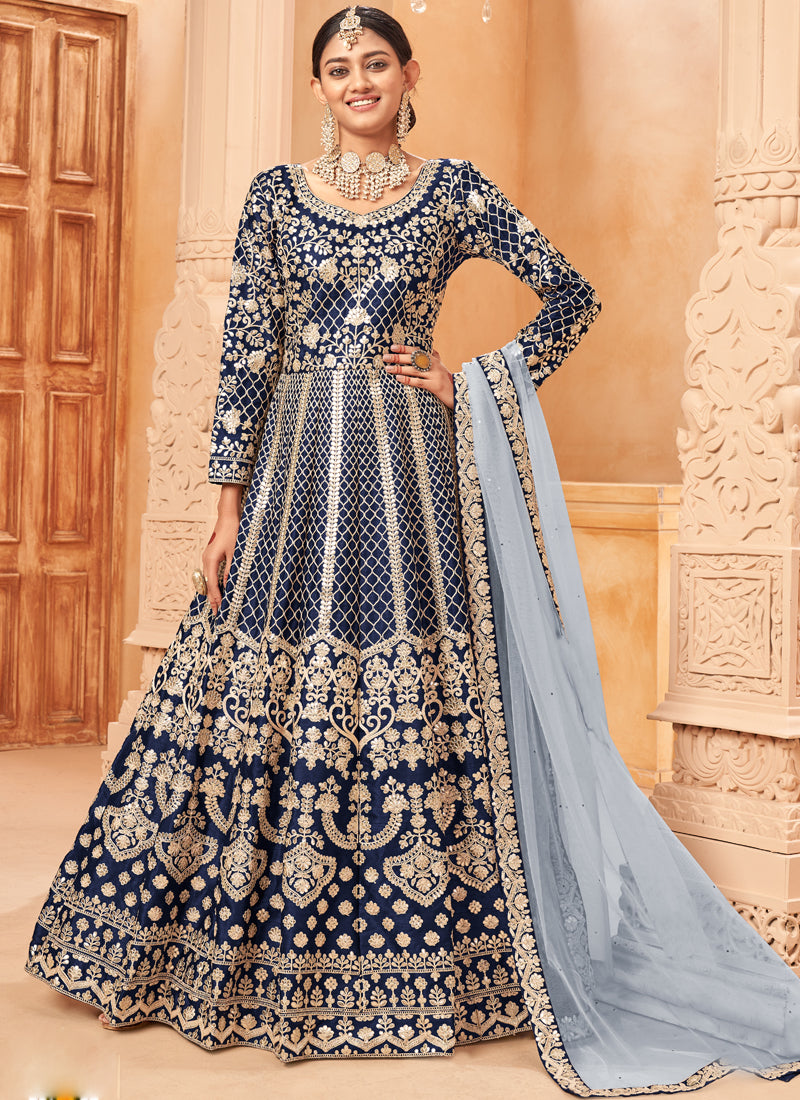 Designer Navy Blue Art Silk Embroidery Anarkali Suit