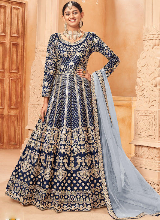 Designer Navy Blue Art Silk Embroidery Anarkali Suit