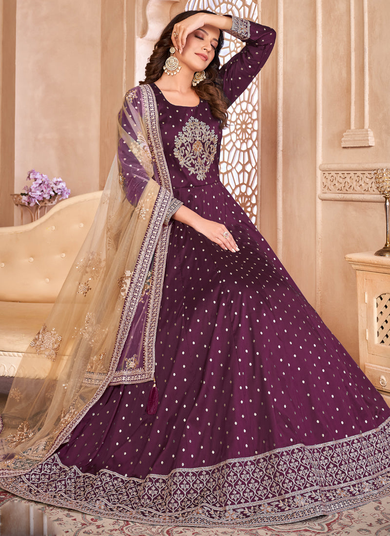Designer Violet Tafeta Silk Embroidery Anarkali Suit