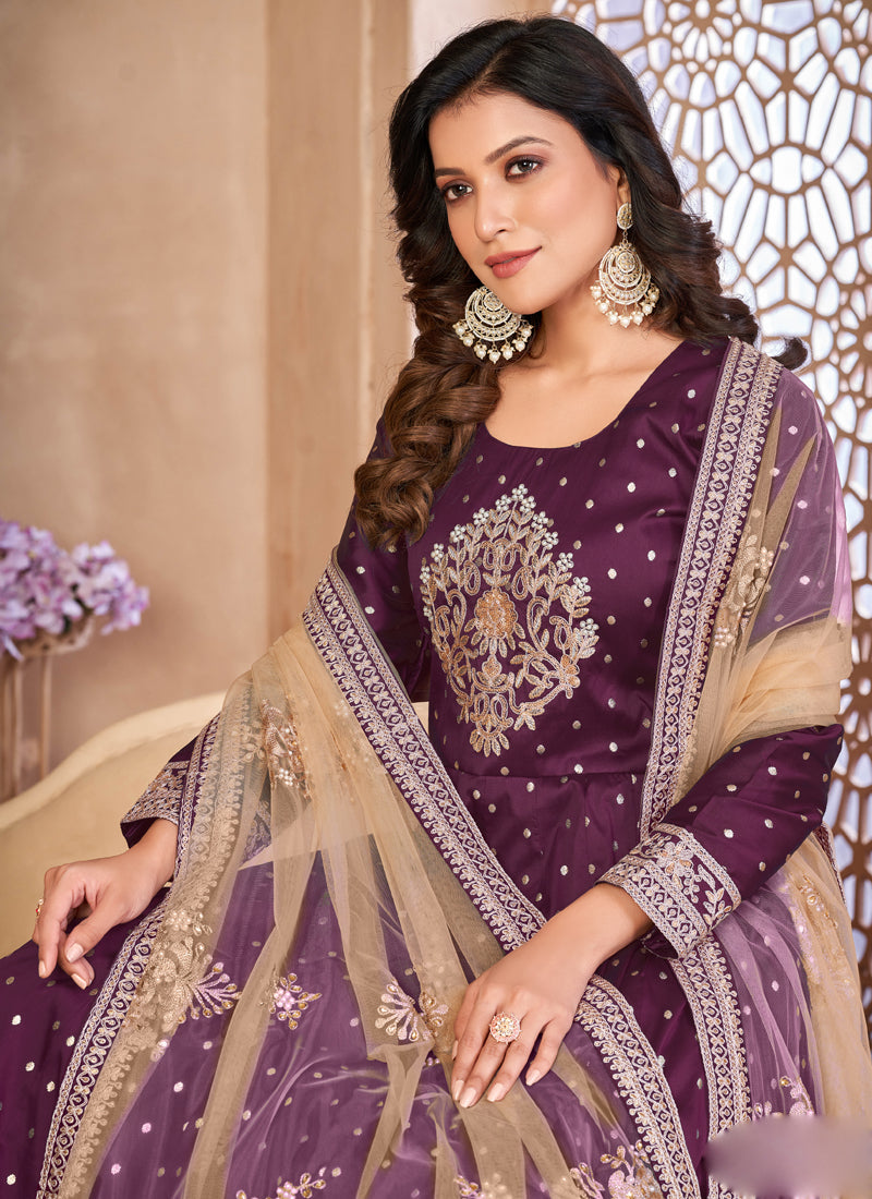 Designer Violet Tafeta Silk Embroidery Anarkali Suit