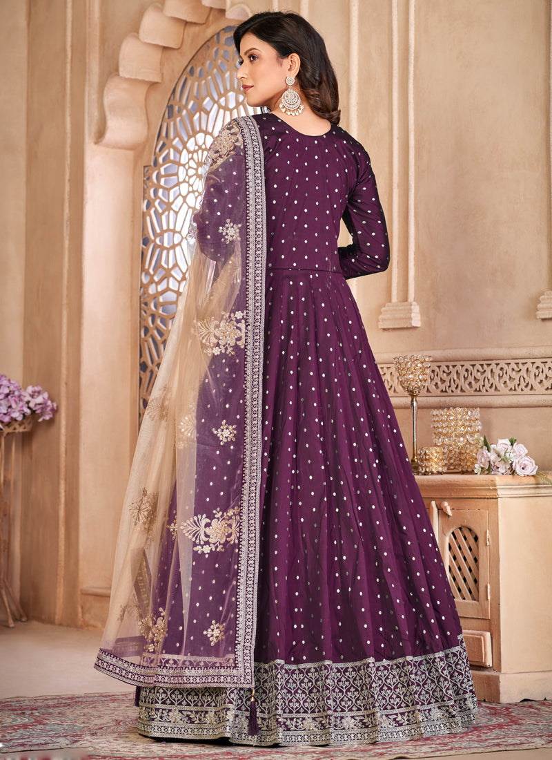 Designer Violet Tafeta Silk Embroidery Anarkali Suit