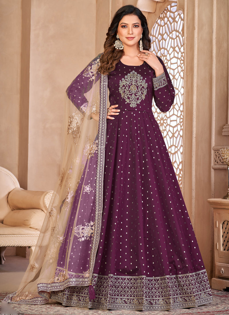Designer Violet Tafeta Silk Embroidery Anarkali Suit