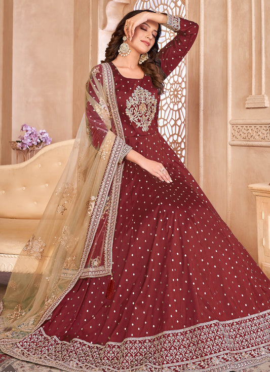 Designer Maroon Tafeta Silk Embroidery Anarkali Suit