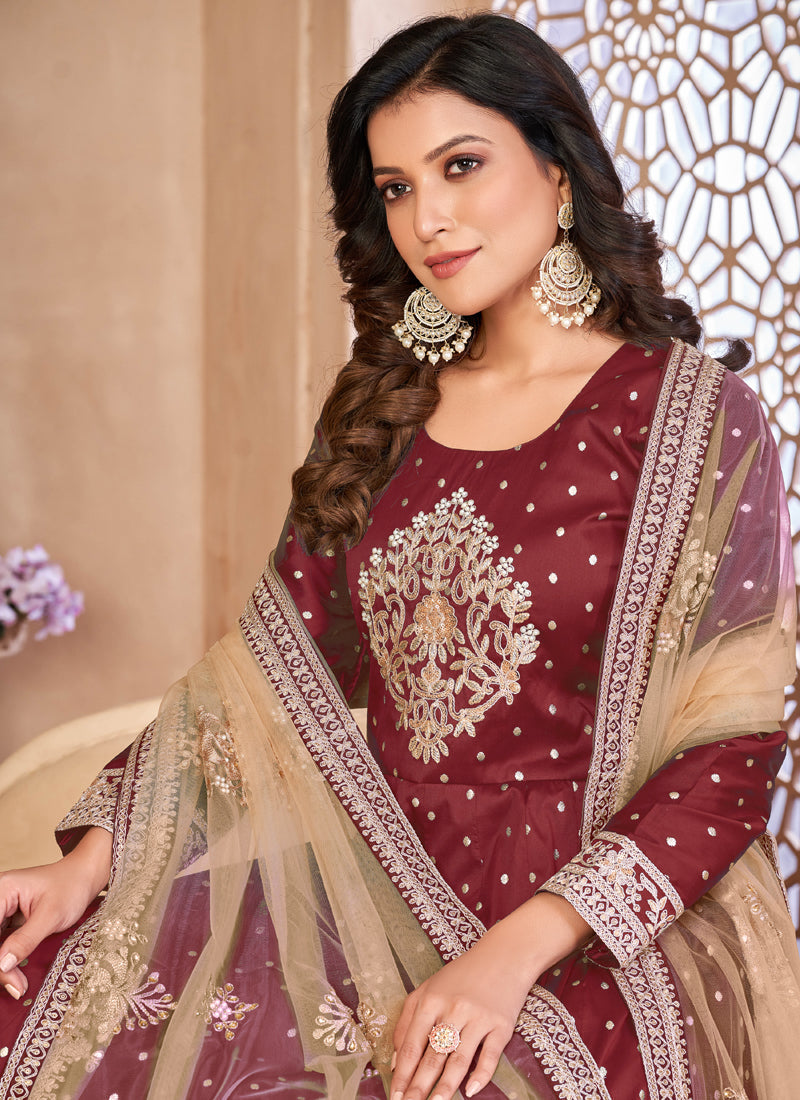 Designer Maroon Tafeta Silk Embroidery Anarkali Suit