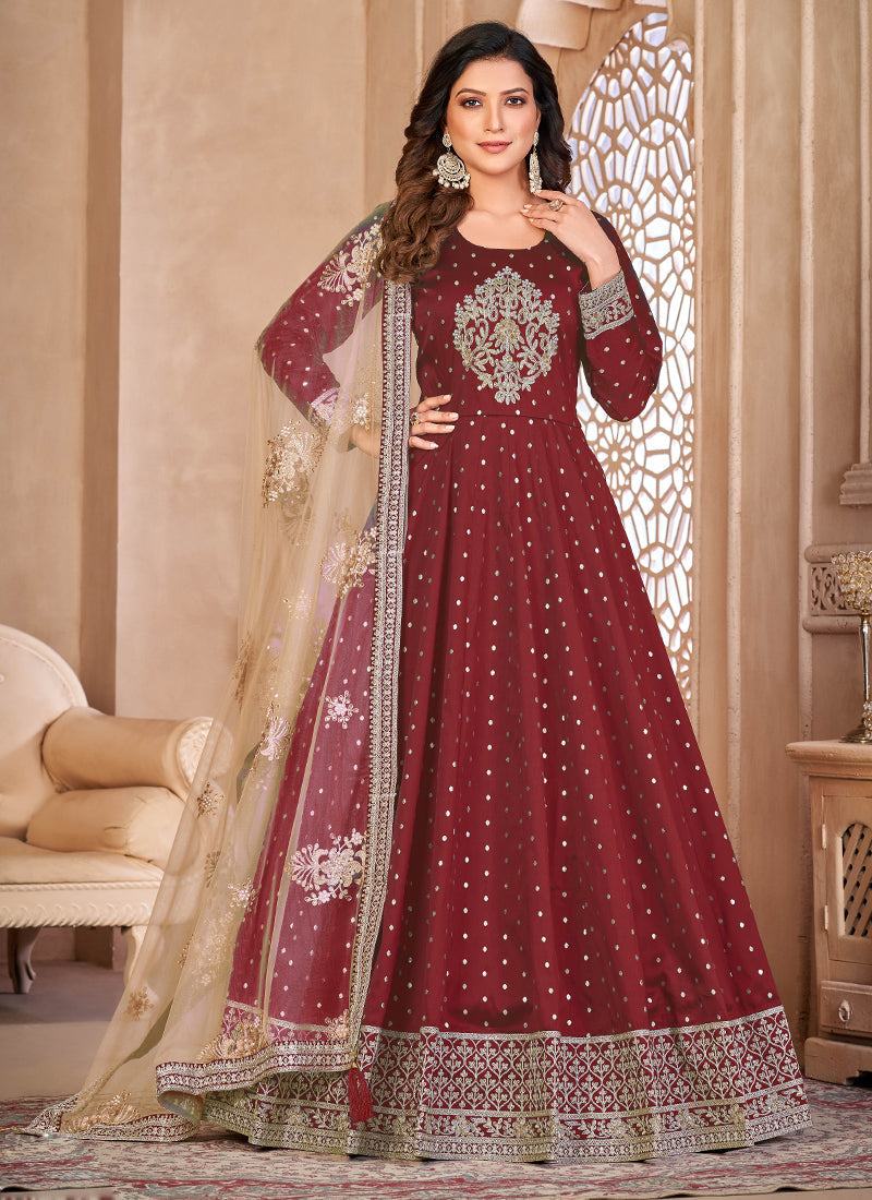 Designer Maroon Tafeta Silk Embroidery Anarkali Suit