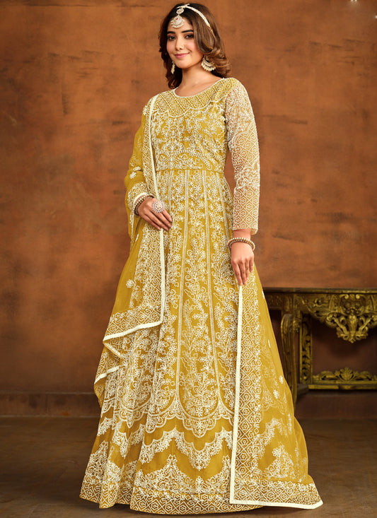 Designer Yellow Net Embroidery Anarkali Suit