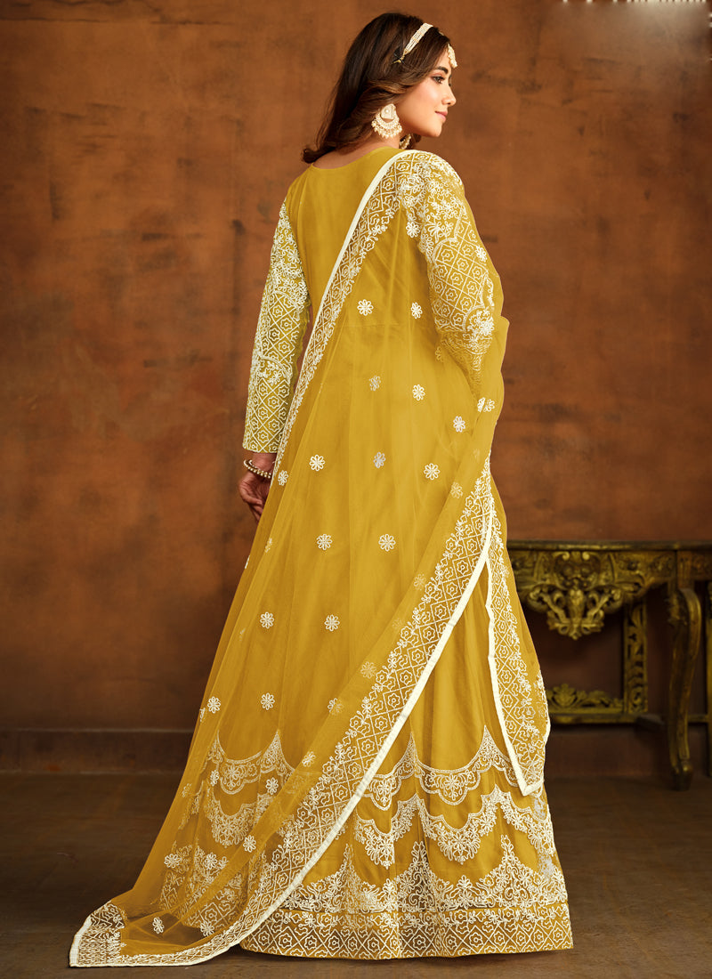 Designer Yellow Net Embroidery Anarkali Suit