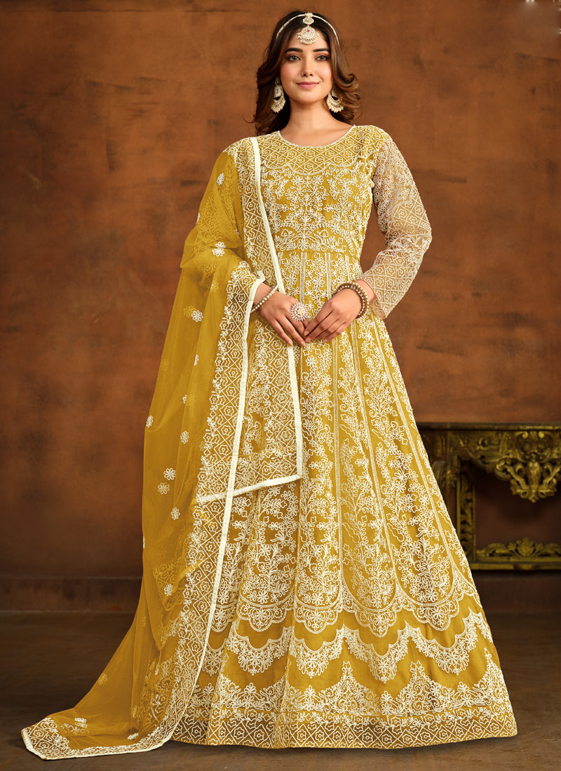 Designer Yellow Net Embroidery Anarkali Suit
