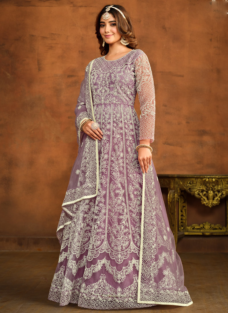 Designer Onion Pink Net Embroidery Anarkali Suit