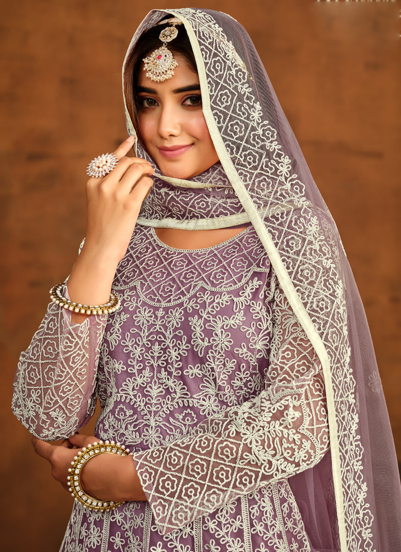 Designer Onion Pink Net Embroidery Anarkali Suit