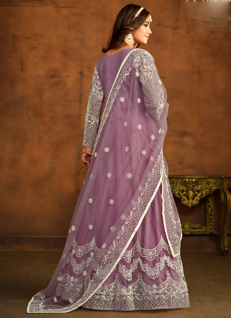 Designer Onion Pink Net Embroidery Anarkali Suit